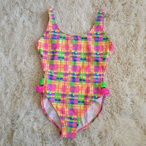 Gitano Vintage 80s Neon Plaid One Piece Swimsuit Small